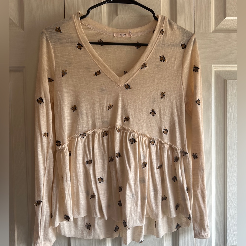Cream colored Long Sleeve Blouse with Flower Pattern